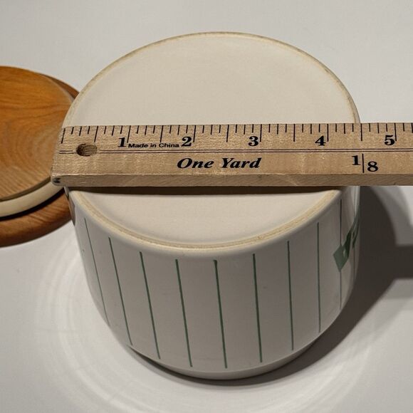 Hornsea Pottery England Green Stripes Tea Canister White Retro Wood Top MCM Jar - Picture 5 of 9
